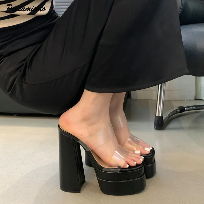 

15cm Ultra High heels Platform Wedge Women Slippers Sexy Transparent PVC Summer Mules Slides Fashion Party Chunky Shoes Sandals