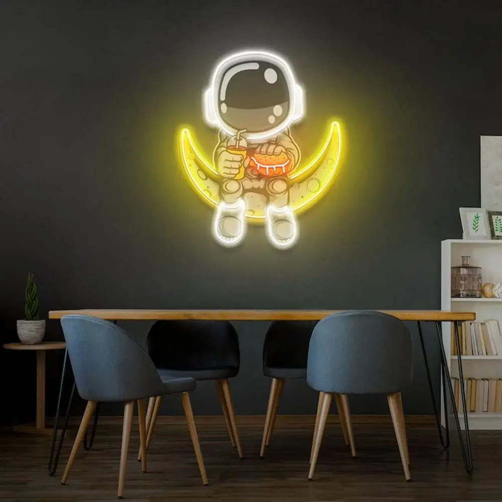 Astronaut Eating Cheeseburger Neon Signs Artwork Moon Led Lights   Spaceman UV Printed LED Light Sign for Bedroom Space Themed