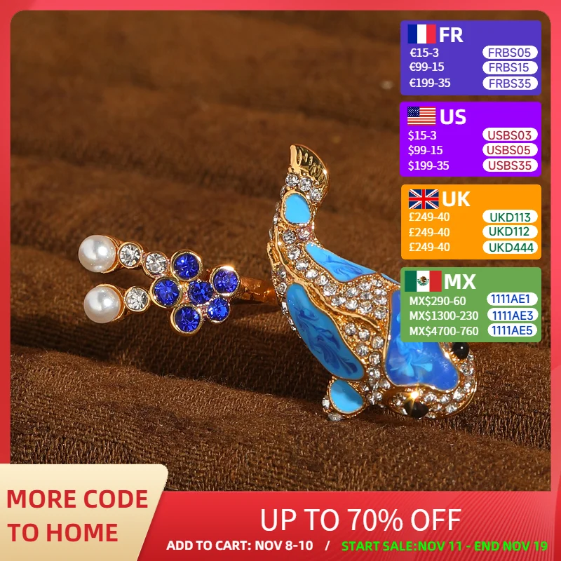 

﻿ Vintage Blue Enamel Ring Goldfish Pearl Rhinestone For Women Accessories Open Gold Plated Jewelry Luxury Designer 2025 Trends