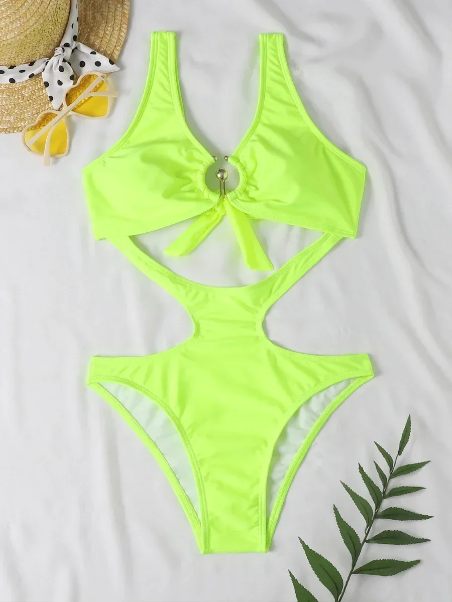 Anel ligado oco maiô de uma peça 2023 cortar banho feminino amarrar volta sem costas maiô feminino acolchoado beachwear verão