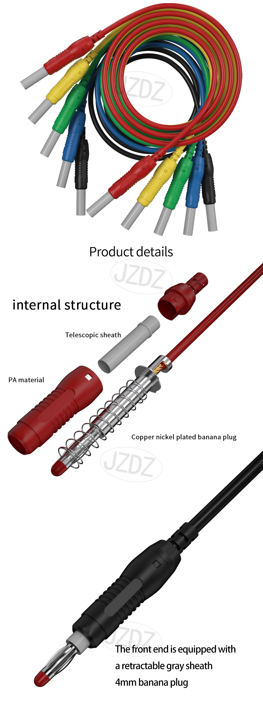 JZDZ 5PCS 4MM einziehbarer Sicherheits-Bananenstecker auf Bananenstecker Messleitung 1M vernickelter Kupfer-Bananenstecker J.70019 – Detail 2