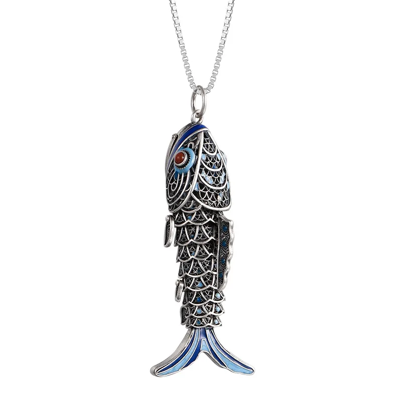 S925 Sterling Silver Pendants for Women New Fashion Vintage Ethnic Style Flexible Koi Can be Opened Enamel Jewelry Free Shipping