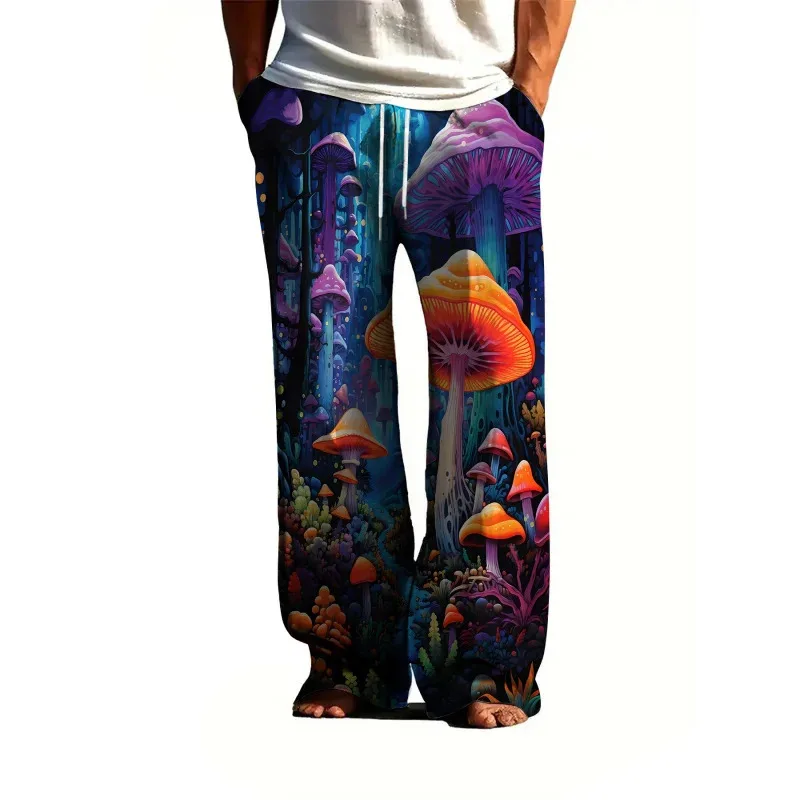

Men'S Casual Straight Leg Pants 3D Mushroom Print Polyester Loose Fit With Drawstring Waist Summer Fashion Casual Pants