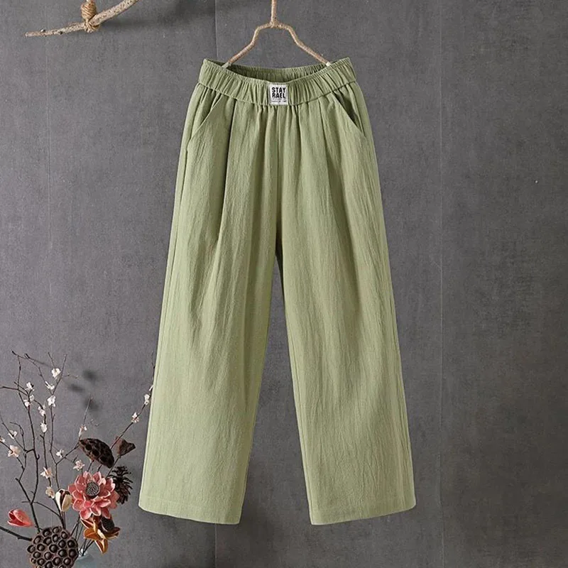 2023 Loose Wide Leg Elastic Waist Women\'s Pants Cotton Linen Thin Straight Solid Casual Trousers Womens Nine Point Pants