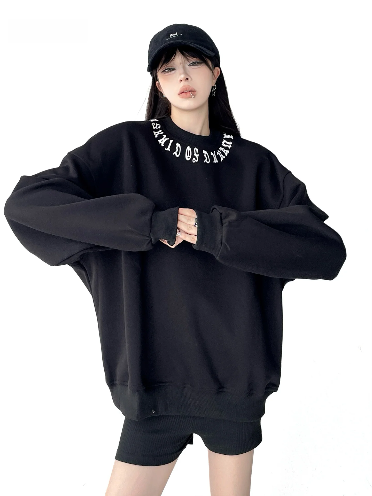 

Свободный крой, круглый свитшот с капюшоном, женская толстовка с капюшоном, черный цвет, американский модный бренд, осень-зима, Новое поступление Fem Gar...