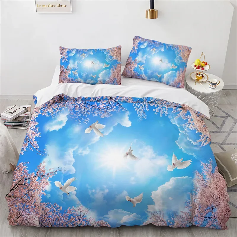 Blue Sky White Clouds King Duvet Cover Microfiber Natural Scenery Flowers Bedding Set Animal Bird Comforter Cover For Girls Teen