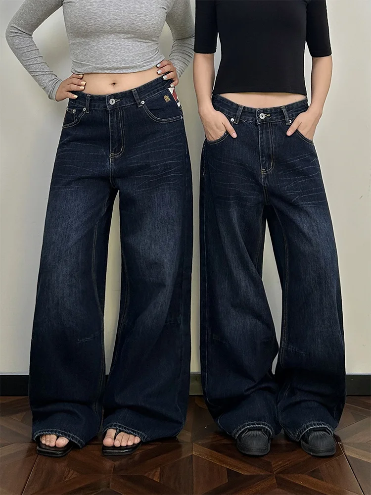 plus Size American Retro Flag Patchwork Denim Pants Women's High Street Loose Slim Wide Leg Jeans Autumn Wear