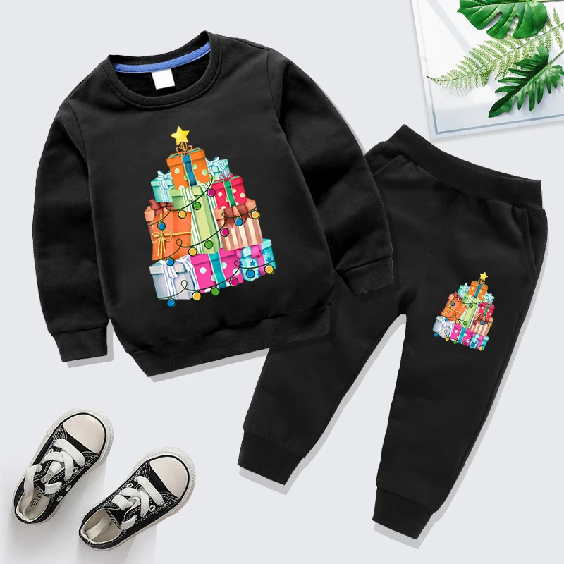 New Year Tracksuit Two Pieces Sets Funny Xmas Gifts Tree Graphics Sweatshirt+Pants Suits Boys Girls Long Sleeve Pullovers Set