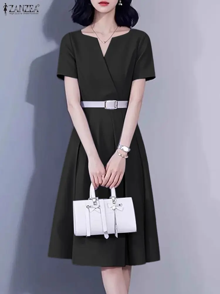 ZANZEA-Vestidos elegantes de oficina con cuello en V para mujer, vestido de verano 2025, Vestidos de cintura de manga corta, vestido de fiesta elegante, bata Midi plisada