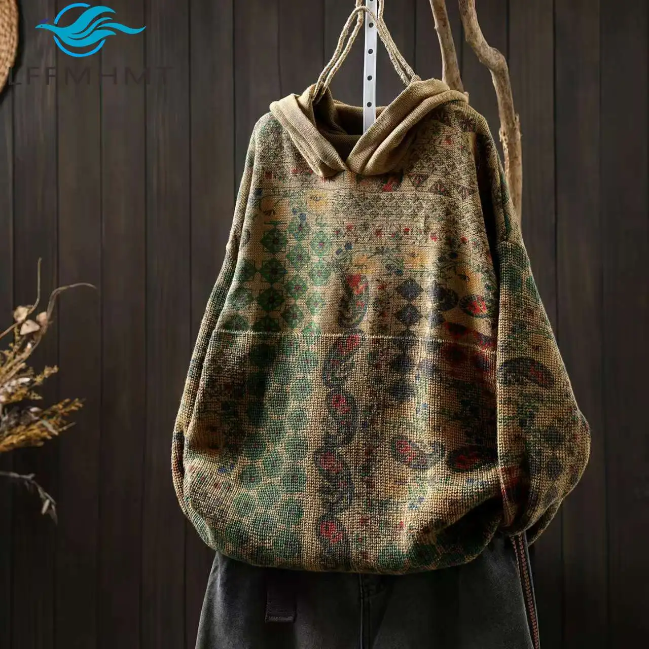 

Vintage Autumn Fashion Vintage Cozy Sweater for Women Good Quality Cotton Yarn Print Hooded Loose Casual Knitting Tops Female