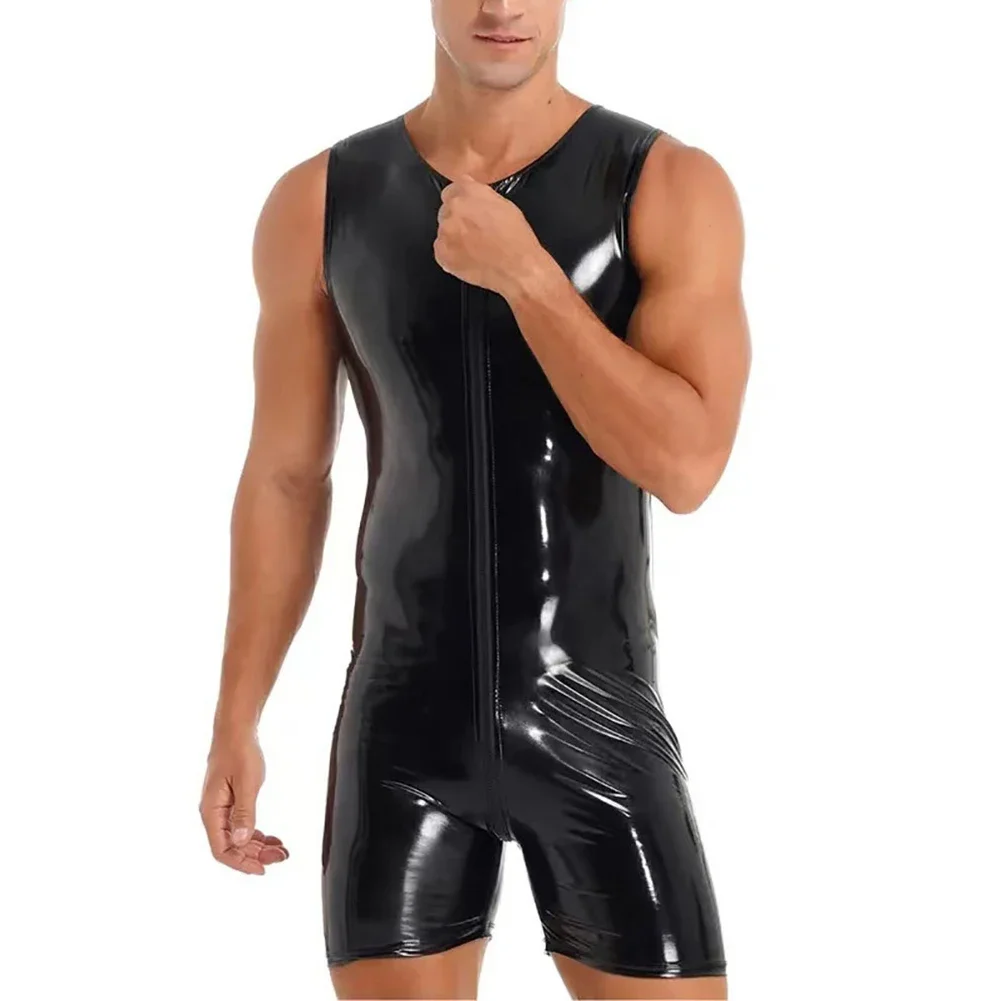 Men Sexy Open Crotch Leather Bodysuit For Sex Double Zipp Bodycon Crotchless Erotic Below Shiny Latex Leotard Wrestling Singlets