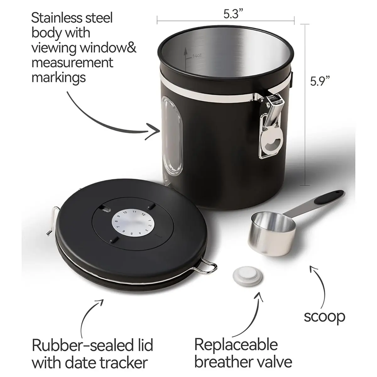 Coffee Canister with Window, Airtight 16oz Stainless Steel Storage Container with Date Tracker and Scoop