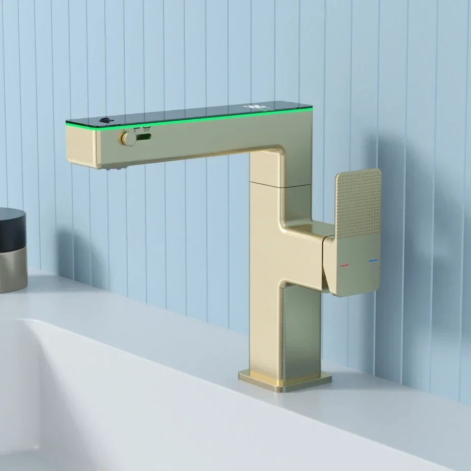 YYHC-Sanitary ware high end temperature display screen  smart tap bathroom brass deck mounted basin sink intelligent fa