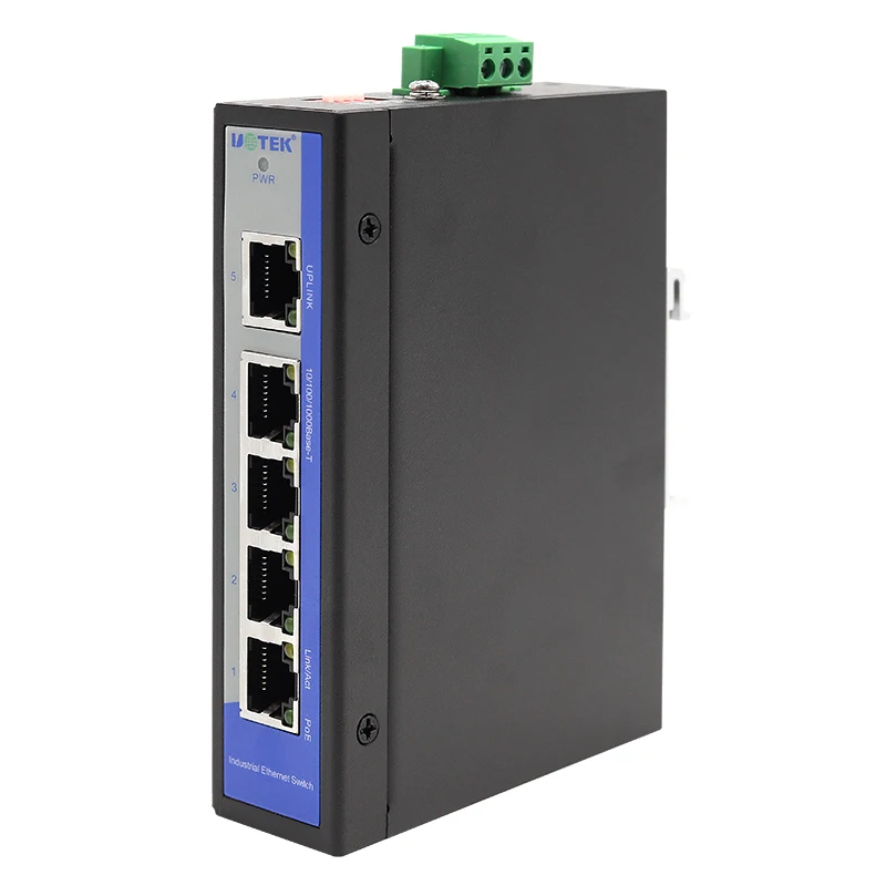 

UOTEK 10/100/1000M 5-портовый неуправляемый промышленный коммутатор Ethernet POE IEEE 802.3af/at Стандартный вход напряжения 48 В постоянного тока UT-6405GCA-POE