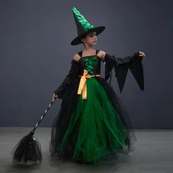 Fairytale Green Witch Dress with Hat Broom Glamour Kids Halloween Fancy Gown Tutu Robe Costume Gothic Girls Cosplay Clothing