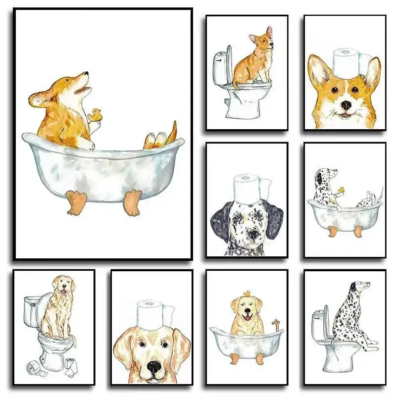 Funny Bathroom Pet Poster Beagle Corgi Retriever Dog Toilet Painting Humor Bathtub Watercolor Canvas Wall Art for Washroom Decor