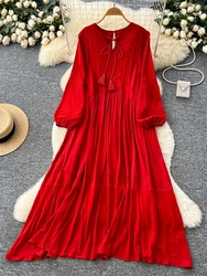 Spring Autumn Women's Bohemian Embroidery Dress New Vacation Red White Lace Up V-Neck Lantern Sleeve Loose Dress D76