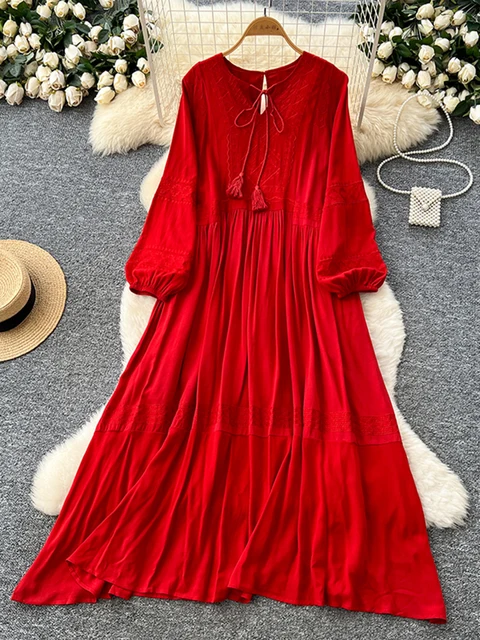 Sukienka damska w stylu boho na wiosnę i jesień, nowa, idealna na wakacje, czerwono-biała, sznurowana, z dekoltem w serek, rękawami typu latarnia, luźna, model D76