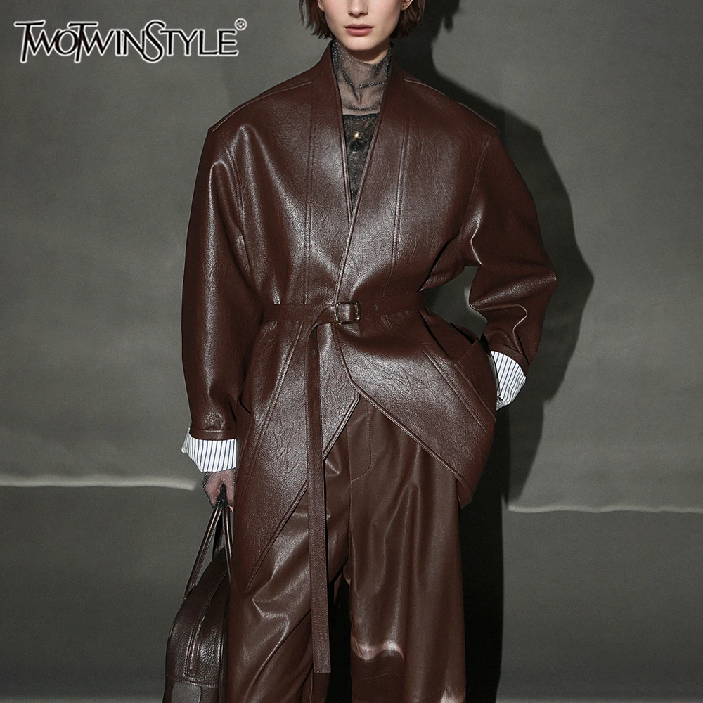 

TWOTWINSTYLE однотонные минималистичные кожаные пальто для женщин с v-образным вырезом и длинным рукавом в стиле пэчворк, винтажные куртки, женская модная одежда