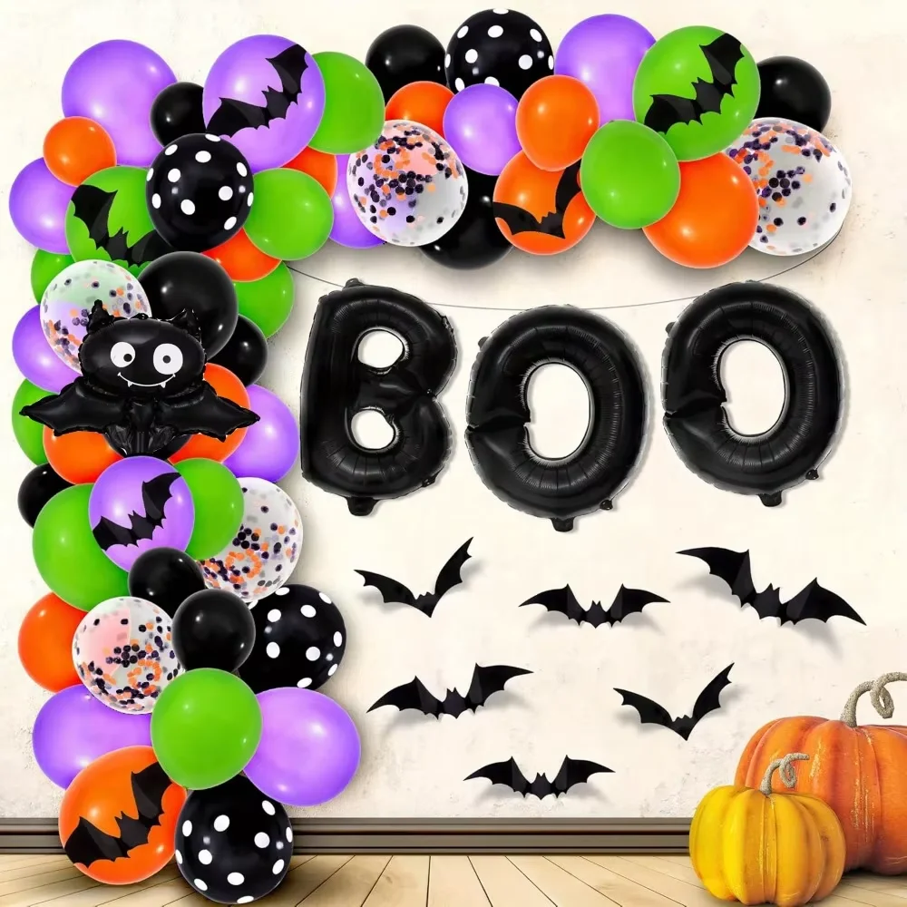 91PCS Halloween Ballon Girlande Bogen Kit - Giant Boo Ballon Fledermaus Aufkleber Halloween Outdoor Dekoration Geburtstag Party Dekoration