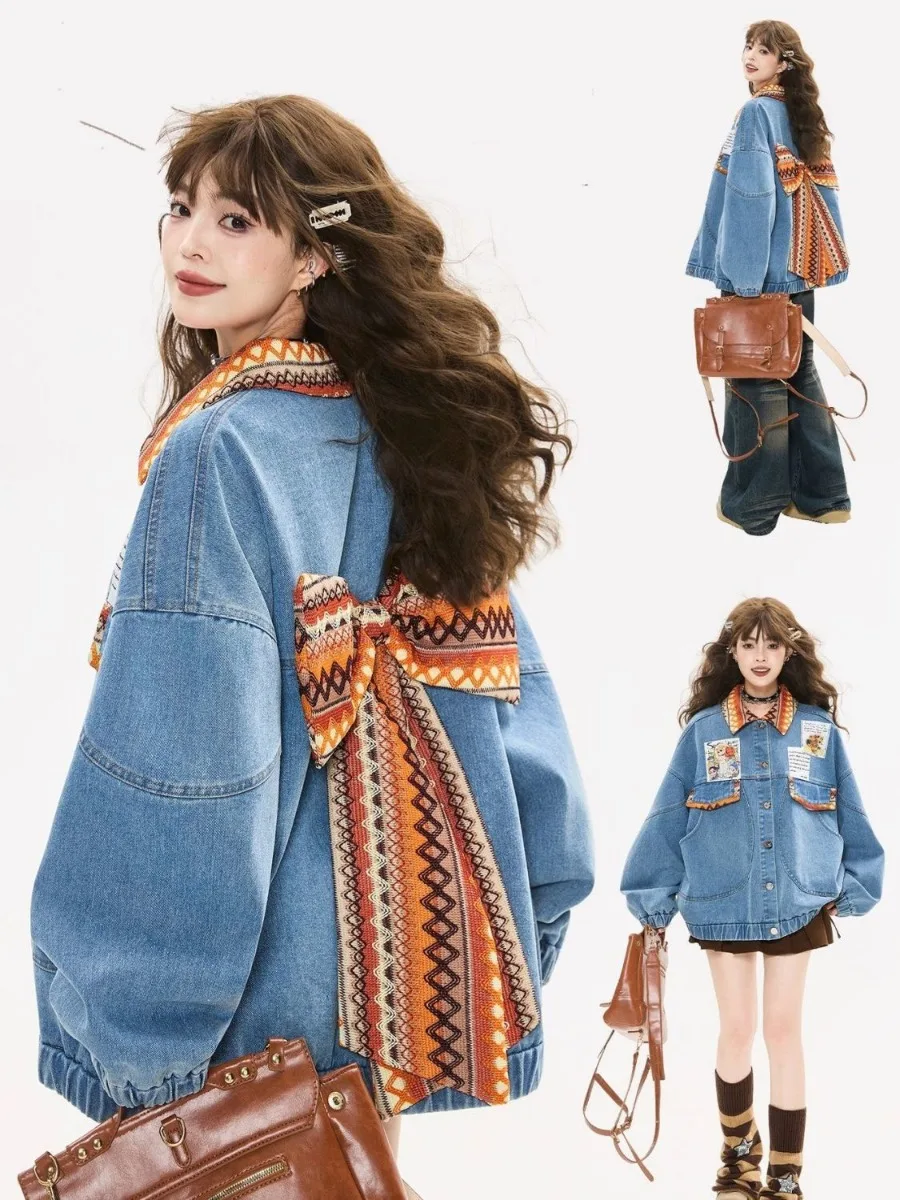 

Y2K Vintage Women Cartoon Denim Jacket Patchwork Jeans Jacket Bow Sweet High Quality Streetwear Print Coat Long Sleeve Outerwear
