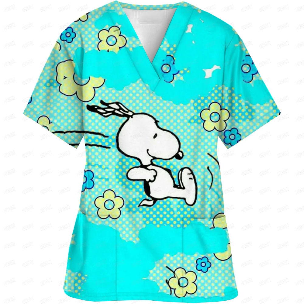 Uniformi da lavoro ospedaliere scollo a V manica corta Scrub vestiti Cartoon Snoopy stampa abbigliamento da infermiera da donna uniforme clinica