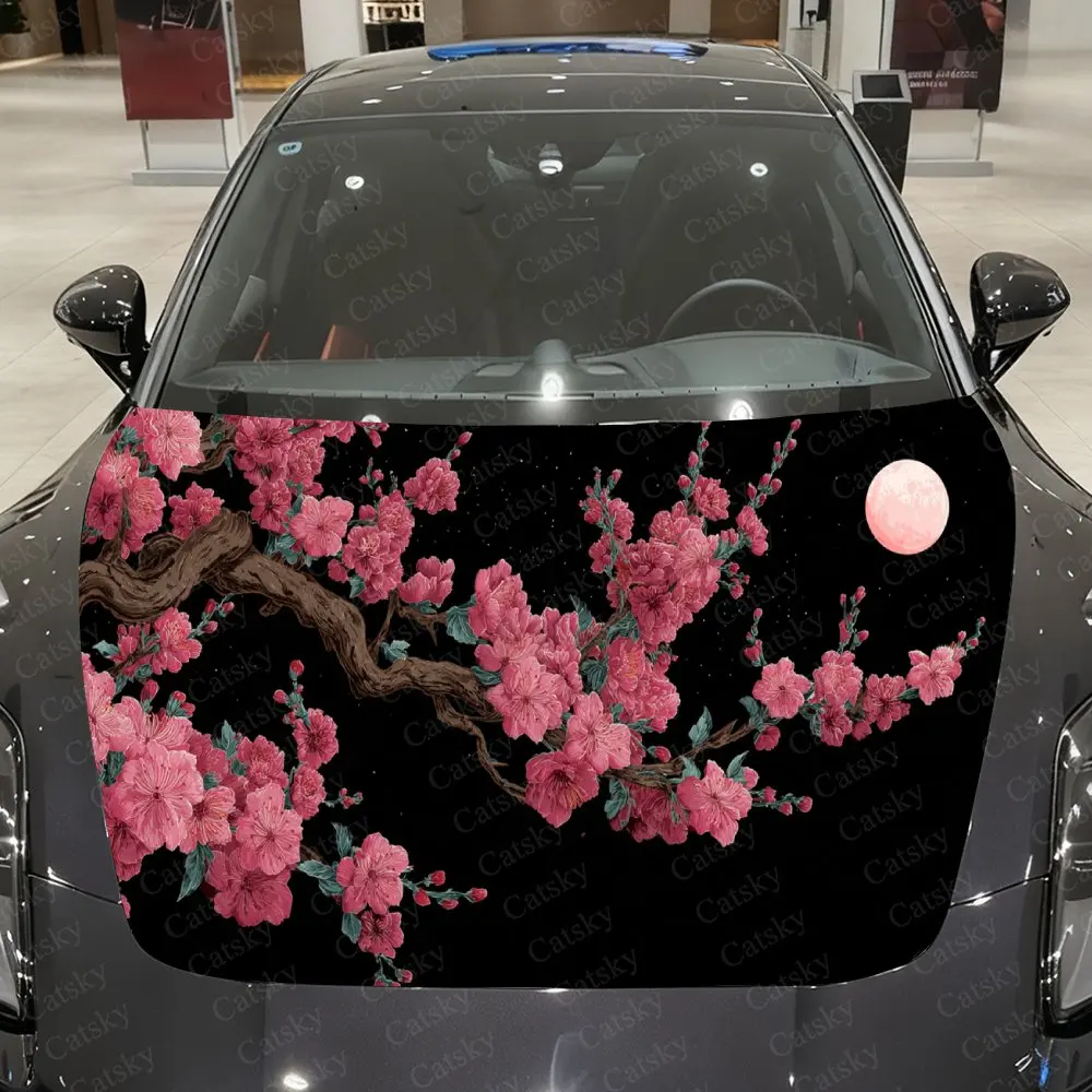 ピンクムーン付きクリムゾンブロッサムカービニールラップ、pvc防水カーフードステッカー、自己粘着性傷防止ステッカー