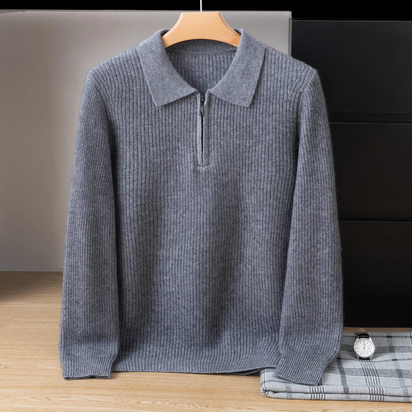 Autumn Winter New Half Zip Polo Collar Men's Top Luxury 100% Pure Goat Cashmere Knitted Sweater Business Casual Sweater Clothing