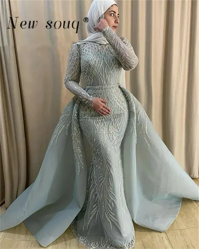 Sparkly Beaded Turkey Muslim Long Sleeves Evening Dresses with Detachable Train Dubai Formal Overskirts Wedding Party Gowns