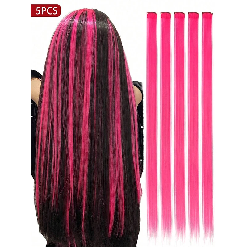 Colored Straight Clip in Hair Extensions long Straight Synthetic Pink Color Hairpiece 22 Inch Straight Hairpieces for Women