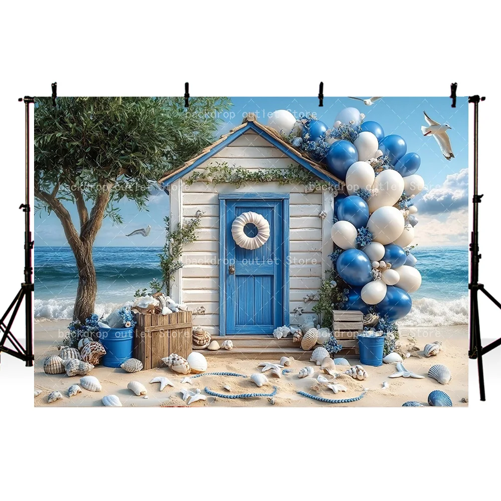 Mehofond Summer Seaside Photography Backdrop Tree Blue Cottage Ocean Wedding Birthday Baby Shower Portrait Background