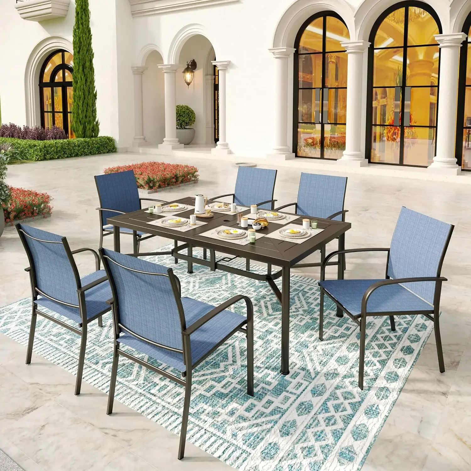 

Rectangular Steel Outdoor Dining Table,Patio Dining Chairs, Steel Frame with Umbrella Hole Patio Dining Sets