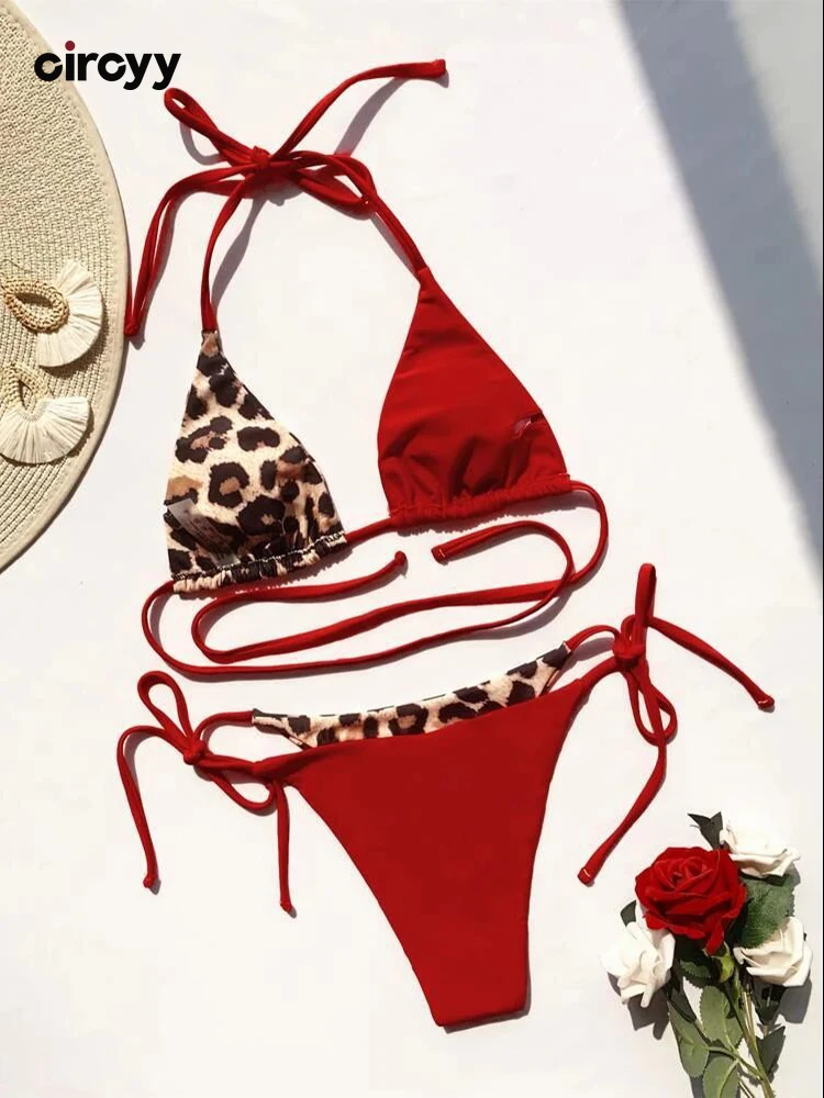 Circyy Bikini Suit Women Leopard Printed Swimwear Splicing Sexy Lace-up Beachwear Patchwork Summer Two-piece Halter Bathing Suit