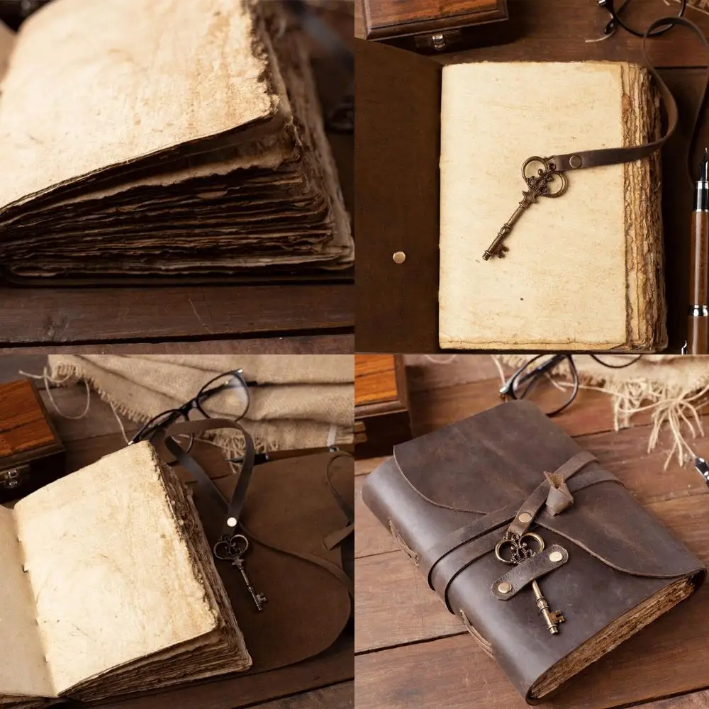 

Antique Leather Bound Journal with Deckle Edge Paper - Handmade Vintage Sketchbook for Drawing and Shadows, Perfect Gift