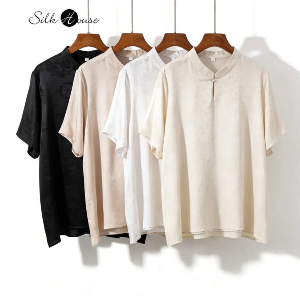 

Женская повседневная футболка 2026 года из 100% натурального шелка тутового шелкопряда SangBo, с воротником-стойкой, коротким рукавом, простая и универсальная