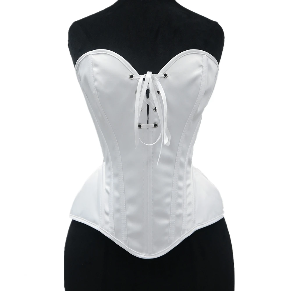 Women White Corset Bustier Overbust With Cups Lace Up Boned Bodice Strapless Slimming Bridal Korsett Party Costume Plus Size