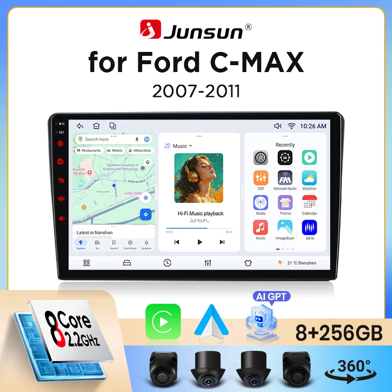 Image of Junsun Wireless CarPlay Android Auto Autoradio für Ford C-MAX Mk1 (C214 Facelift) 2007-2010 mit integriertem Lüfter, Android GPS-Navigation, Multimedia-Player, WiFi, DSP, RDS, BT, SWC,