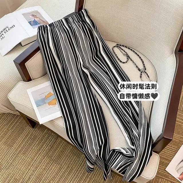 High Waist Straight Leg Casual Pants Women Loose Wide Leg Trousers With Pleated Striped Design