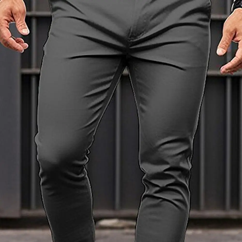 Slim Fit Suit Pants Men's Slim Fit Solid Color Suit Pants with Mid-rise Slant Pockets Zipper for Business Office Workwear