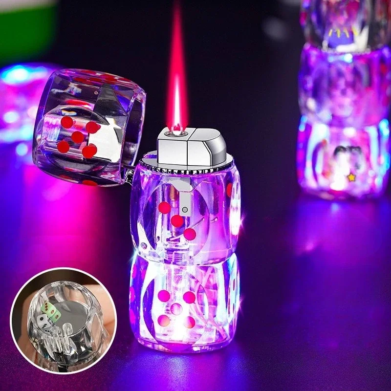 New Windproof Sparkling Transparent Dice Inflatable Lighter Jet Pink Flame Inflatable Portable Cool Lighter Smoking Gift