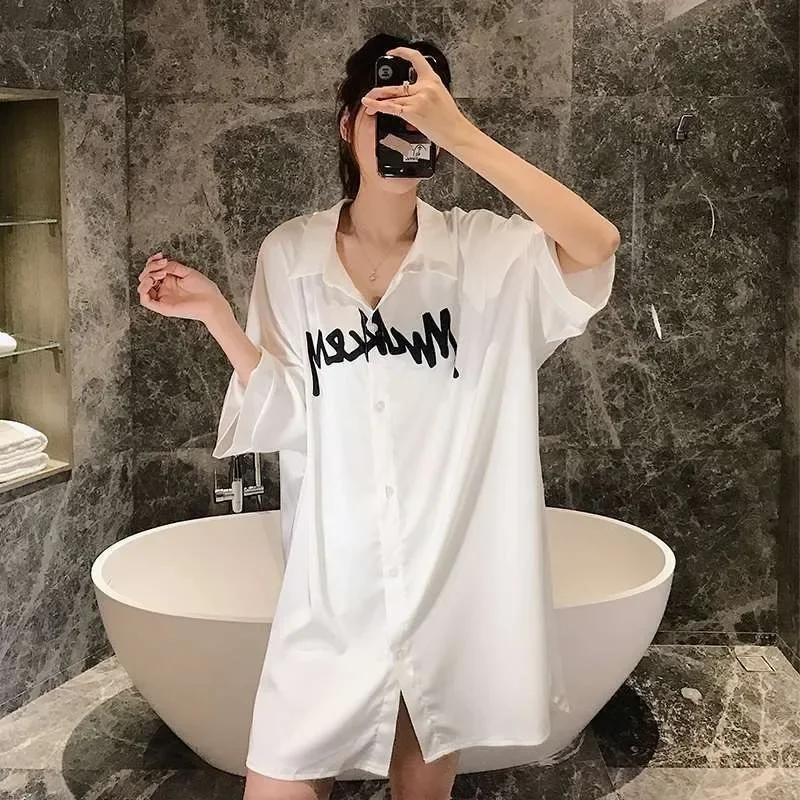 2024 New Extra-large Short Nightdress Women Summer Loungewear French Thin Shirt Half Sleeve Pajamas Women V-neck Homewear