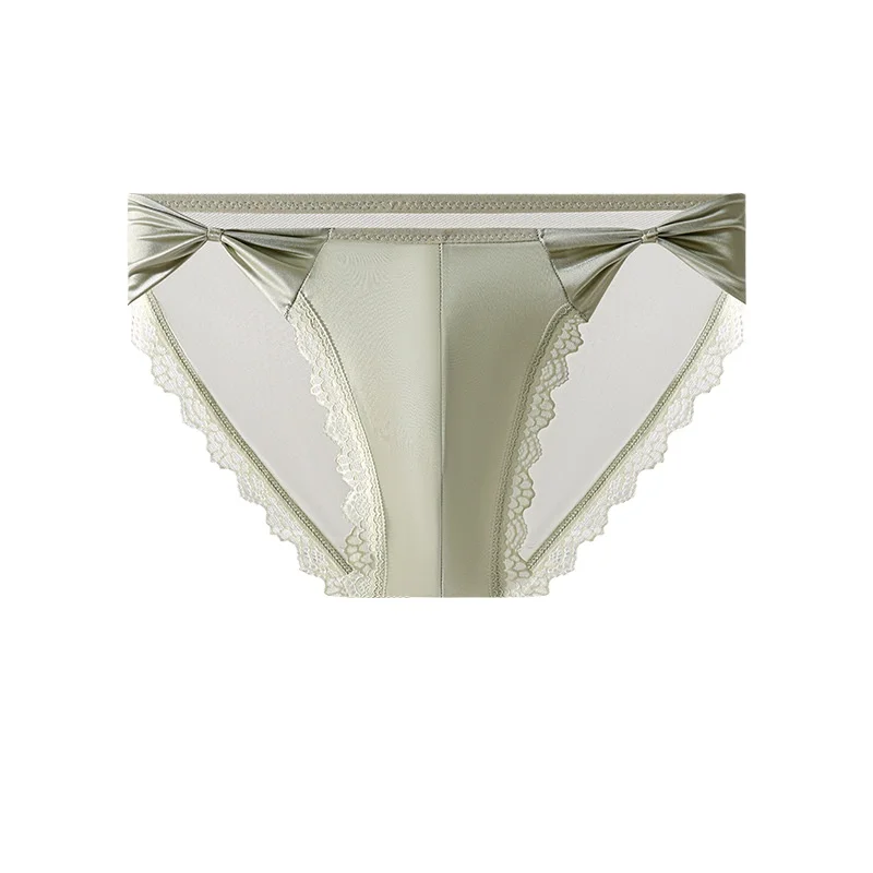 Men's Sexy Briefs High Fork Sissy Lingerie Bow Lace Ice Silk Panties U Convex Pouch Sissy Underwear See Through Underpants