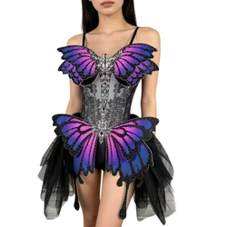 Bodysuit Animal Cosplay Multi Color Butterfly Wing  Costume Female Dance Team Stage Performance Short Dress Festival Clothing