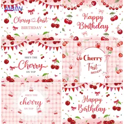 Cherry Happy Birthday Backdrop Pink Grid Cherries Butterfly Bow Sweetheart Girl Cake Smash Party Decor Photography Background
