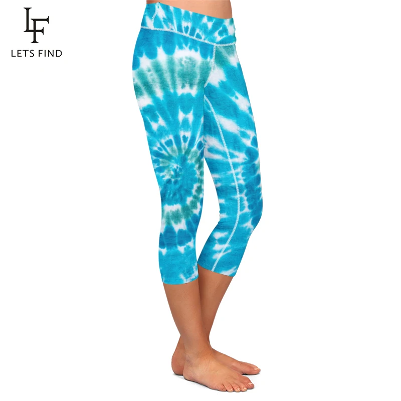 LETSFIND New Women Stretch Capri Pants Blue Tie-dye Print High Waist Mid-Calf Casual Fitness Leggings