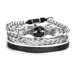 Luxury Tiger Eye Beads Eagle Charm Man Bracelet Stainless Steel Women Bangles Couple Jewelry Set