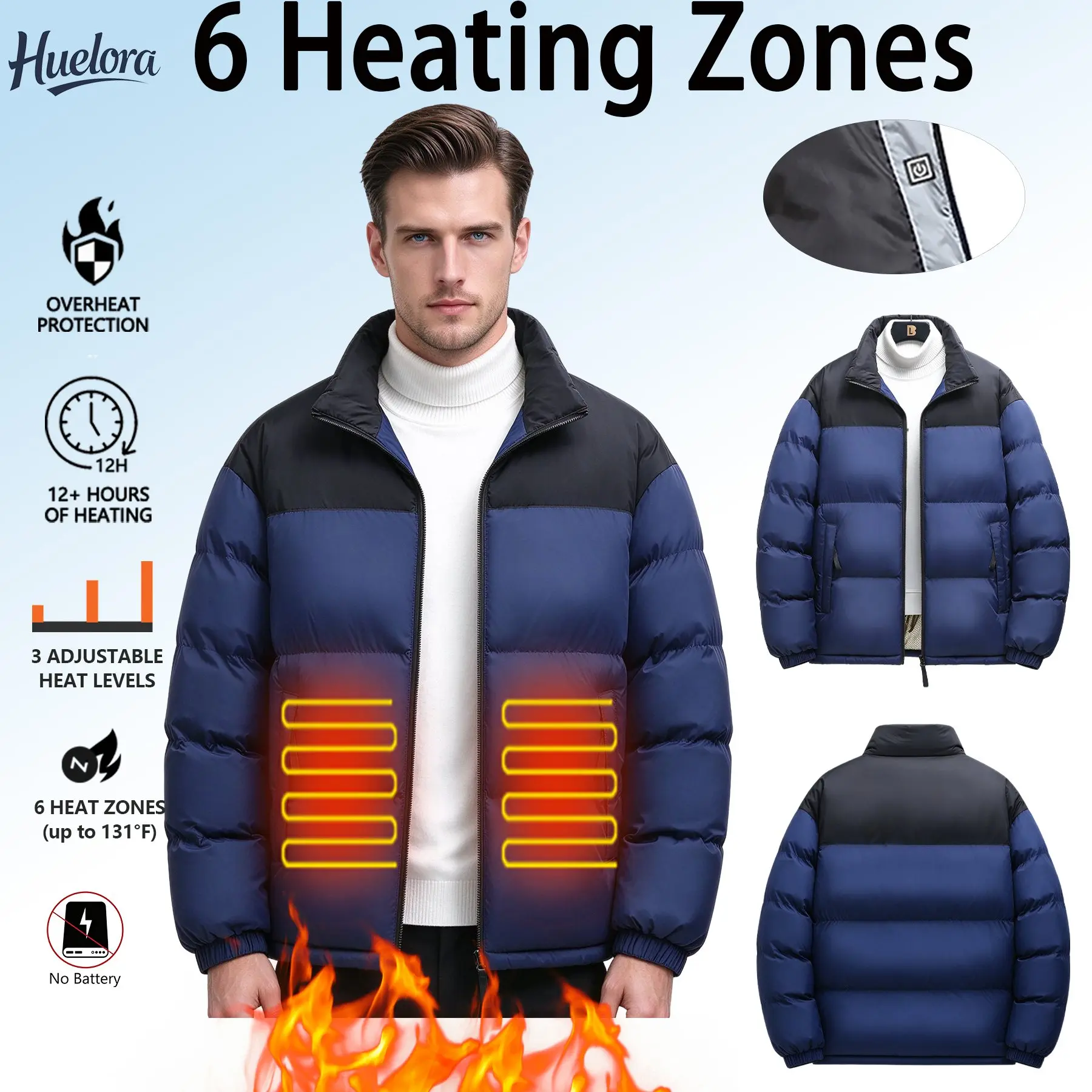 Huelora Unisex Color Block Heated Padded Jacket 6 Heating Zones Winter Warm Coat 3 Level Temp Control for Outdoor Camping