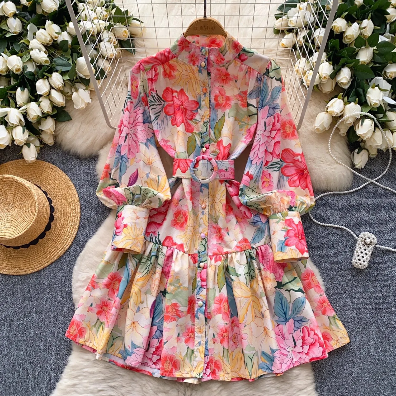 Runway Gorgeous Flower Linen Robe Dresses Women 2025 Summer Stand Holiday Lantern Sleeve Floral Print Belt Evening Party Vestido