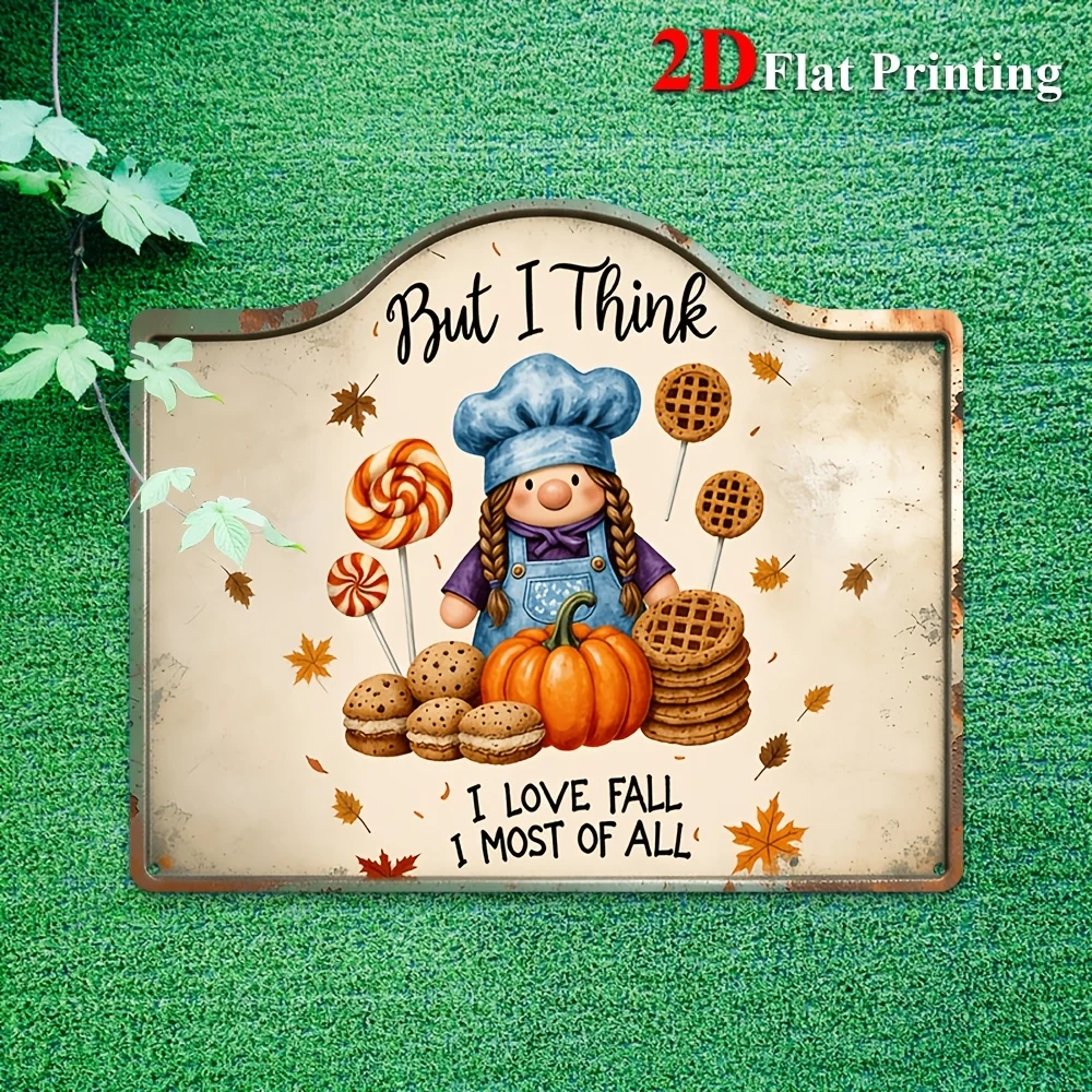 1pc 2D Flat Aluminum Sign Artwork Depicting A Chef Gnome Surrounded By Pumpkins, Cookies, And Lollipops - Decorating A Kitchen