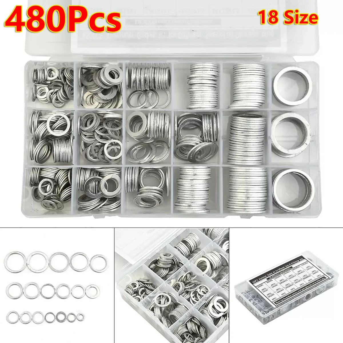 

450Pcs Aluminum Gaskets Rings Sealing Rings Flat Wahers High Temp Resistance Silver 18 Sizes Aluminum Hardware O-Ring Gaskets